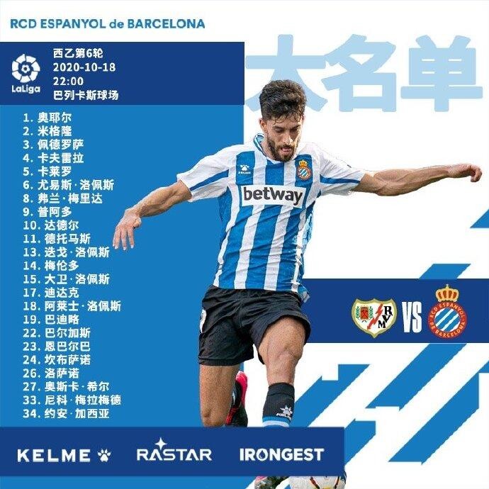 西班牙人客战巴列卡诺大名单出炉 武磊因伤缺战