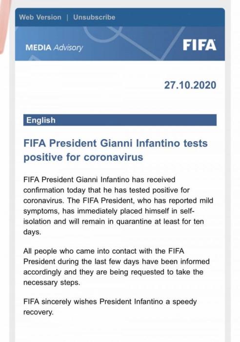 官方：国际足联主席因凡蒂诺新冠检测呈阳性