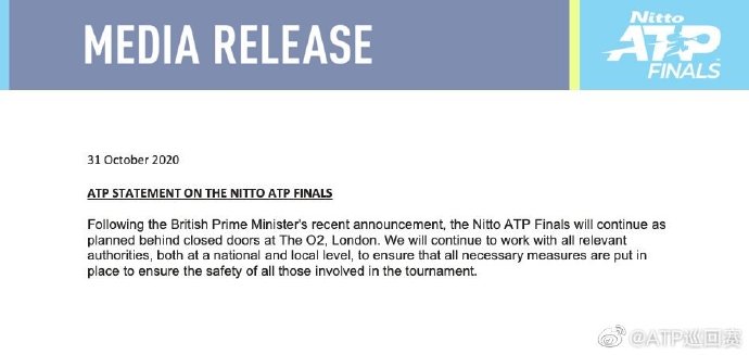 ATP发布关于年终总决赛的声明。