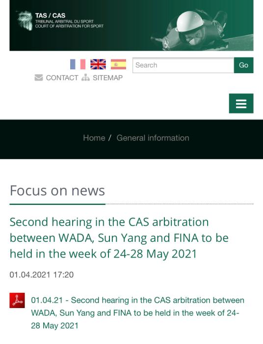 国际体育仲裁法庭网站截图。