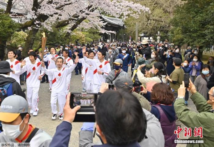 当地时间3月29日，日本栃木，2020东京奥运会火炬传递第5日，火炬在一片樱花树下传递，道路两旁樱花盛开美如画。