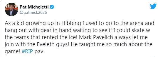 前NHL球员米切莱蒂发文缅怀帕维利奇。