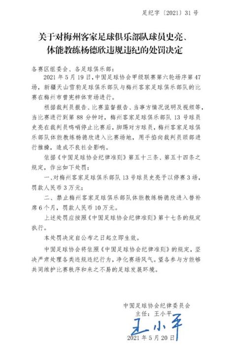 中国足协:梅州客家教练锁喉裁判员 罚禁赛6个月