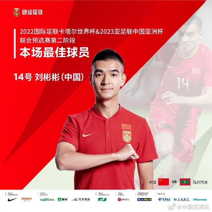 为中国队首开记录的刘彬彬当选本场最佳球员。图片来源：中国足球队。