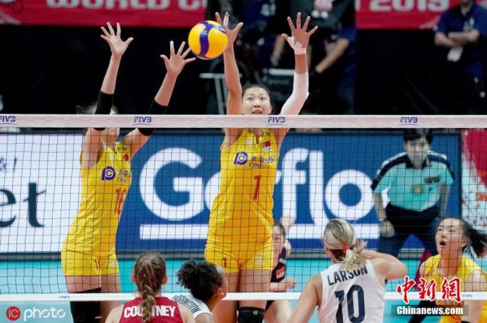 资料图:2019年女排世界杯,中国女排对阵美国女排。图片来源:ICphoto 资料图:2019年女排世界杯,中国女排对阵美国女排。图片来源:ICphoto