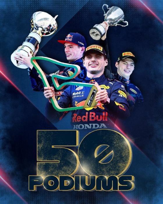 维斯塔潘生涯第50次登上领奖台。图片来源:F1官方微博 维斯塔潘生涯第50次登上领奖台。图片来源:F1官方微博