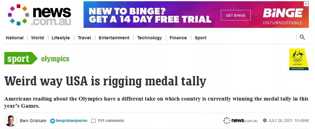 美国“登顶”奥运奖牌榜？呵呵！